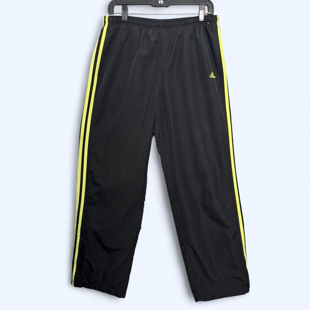 Vintage 2007 Adidas Men's L Black Yellow 3-Stripe Track Pants Y2K Windbreaker